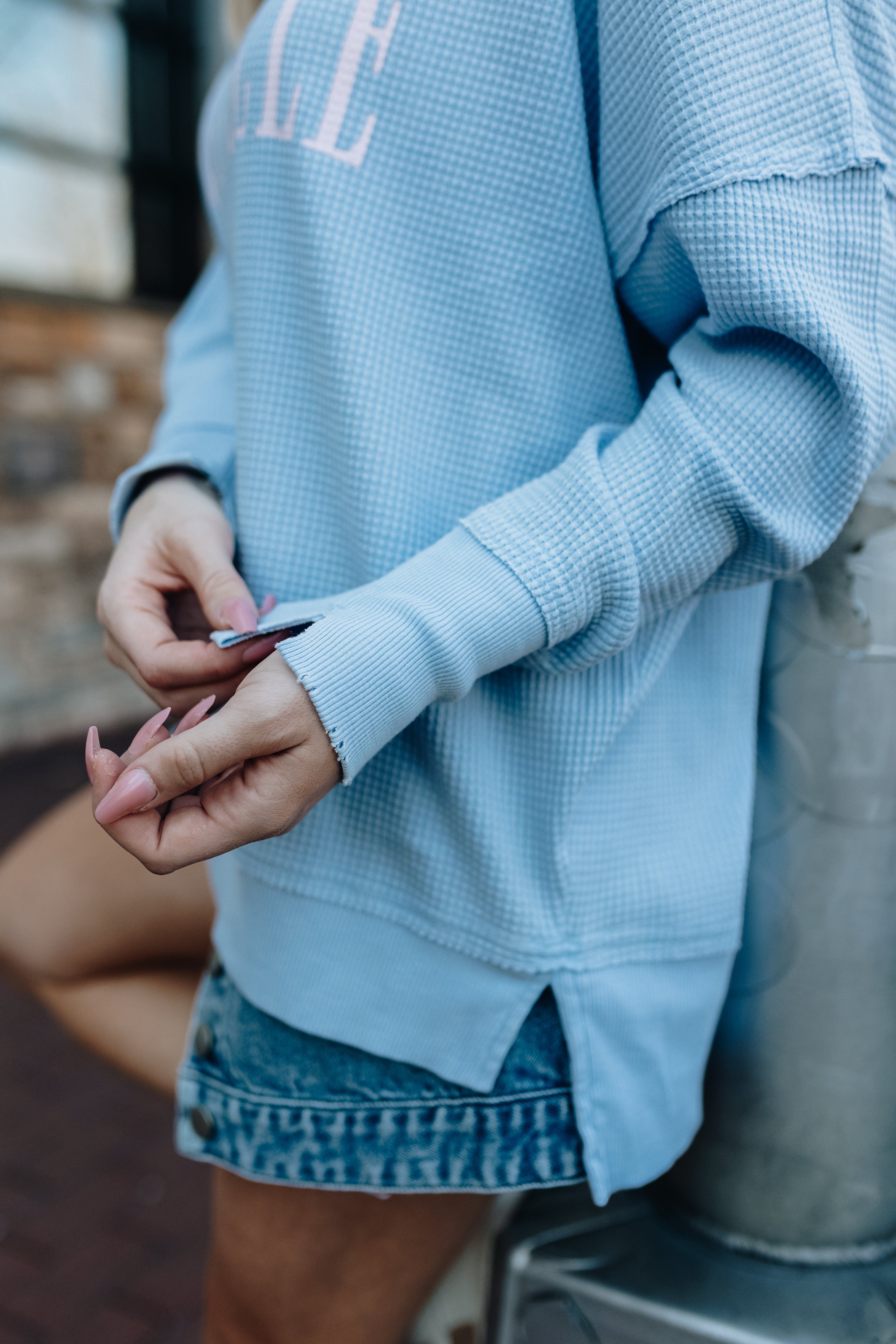 Waffle Knit Tunic Top [Light Blue]