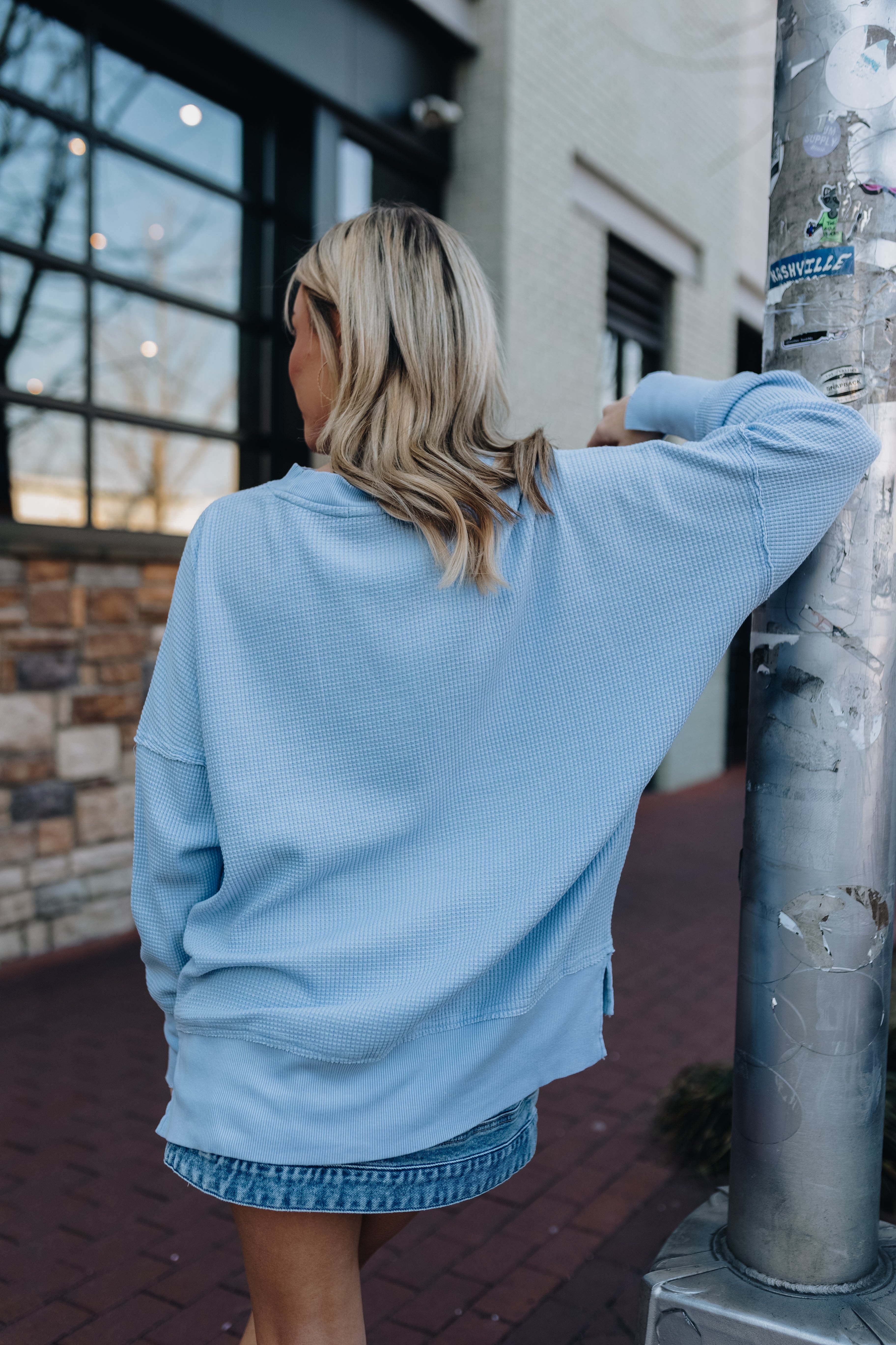 Waffle Knit Tunic Top [Light Blue]